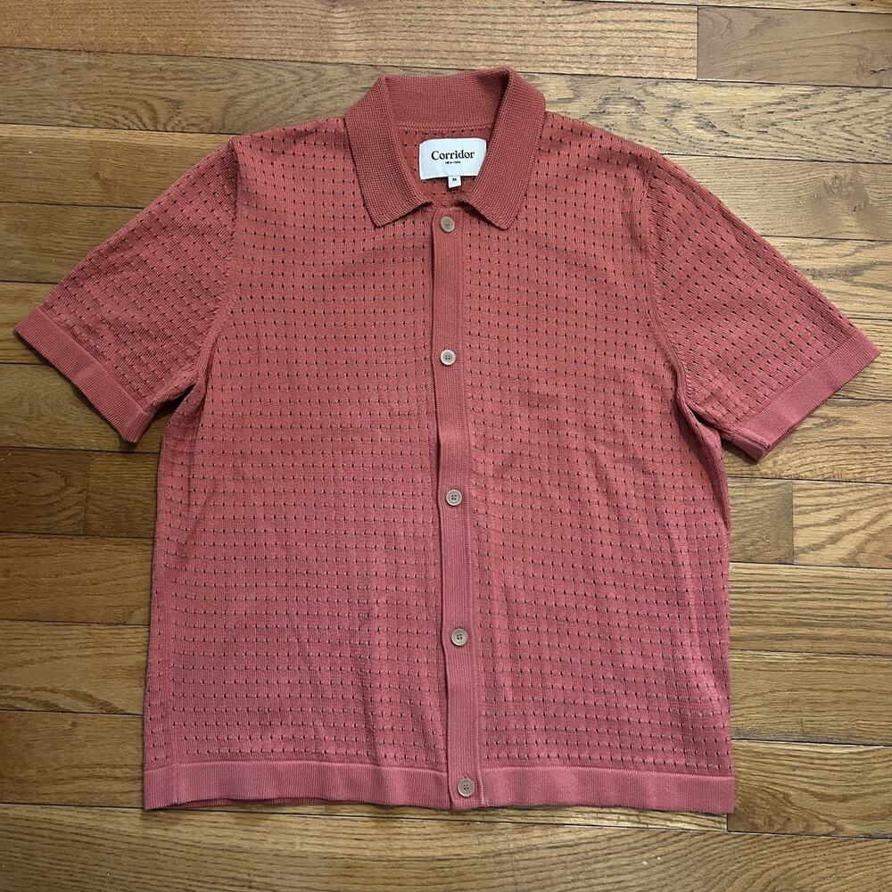 Corridor Pointelle Knit Pima Mercerized Cotton Short Sleeve Button Up Shirt M